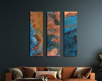 Koperen kunst aan de muur, koperen foto's, gepatineerde koperen kunst, koperen decoratie, patina koper, blauwe patina, verheven design, metalen kunst aan de muur