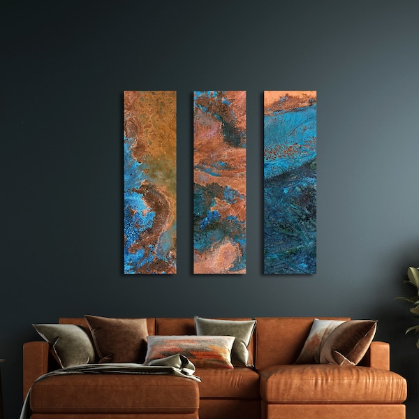 Koperen kunst aan de muur, koperen foto's, gepatineerde koperen kunst, koperen decoratie, patina koper, blauwe patina, verheven design, metalen kunst aan de muur