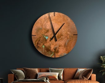 Reloj de pared redondo, reloj de cobre, reloj de pared hecho de cobre, reloj de pared redondo grande, reloj industrial, pátina de cobre, reloj grande, arte de cobre