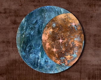 Mond-Kupfer-Wandkunst, Metall-Wanddekoration, blaue Patina, Mond und Sterne, Patina-Kupfer-Dekoration, Mond-Kupfer-Dekor