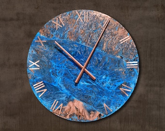 Reloj de Pared Grande con Números. Reloj de pared de cobre con números romanos. Arte de pared de cobre con reloj redondo. Cobre Patinado. Reloj de pared con pátina de cobre