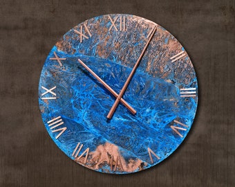 Reloj de Pared Grande con Números. Reloj de pared de cobre con números romanos. Arte de pared de cobre con reloj redondo. Cobre Patinado. Reloj de pared con pátina de cobre