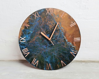 Wall Clock with Roman Numerals. Copper Wall Clock Roman Numerals. Round Clock Copper Wall Art. Patinated Copper. Copper Patina Wall Clock