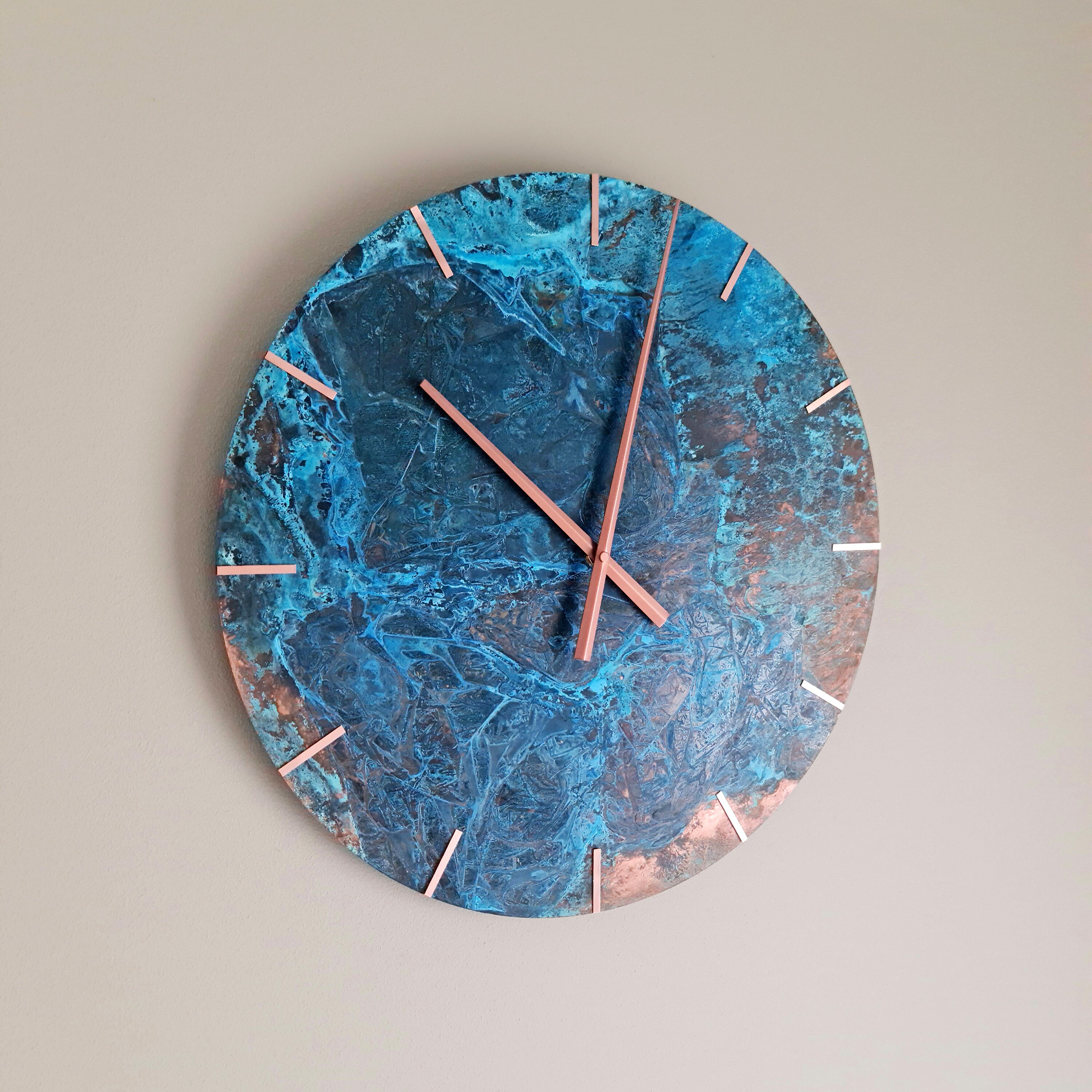 Wall Clock Blue Patina Copper Round Metal Wall Clock Etsy