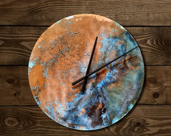 Große Wanduhr, industrielle Kupfer-Wanduhr, Wandkunst Kupfer, runde Uhr Patina-Kupfer, blaue Patina-Kupfer-Wand-Dekor, Kupferuhr, Geschenk