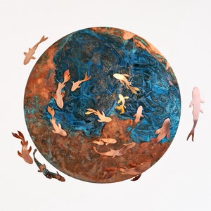 Fish Metal Wall Decor Fish, Copper Wall Art, Koi Fish Decoration, Copper Art, Patina Copper Decoration, Blue Patina Copper Circle of Fish