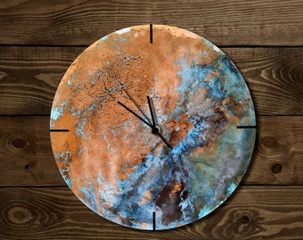 Copper Wall Clock, Industrial Copper Wall Clock, Wall Art Copper, Round Clock Patina Copper, Blue Patina Copper Wall Decor, Copper Clock