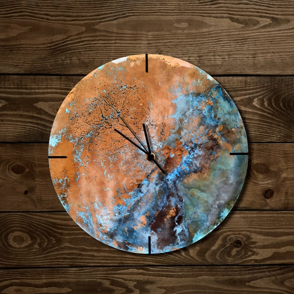 Copper Wall Clock, Industrial Copper Wall Clock, Wall Art Copper, Round Clock Patina Copper, Blue Patina Copper Wall Decor, Copper Clock