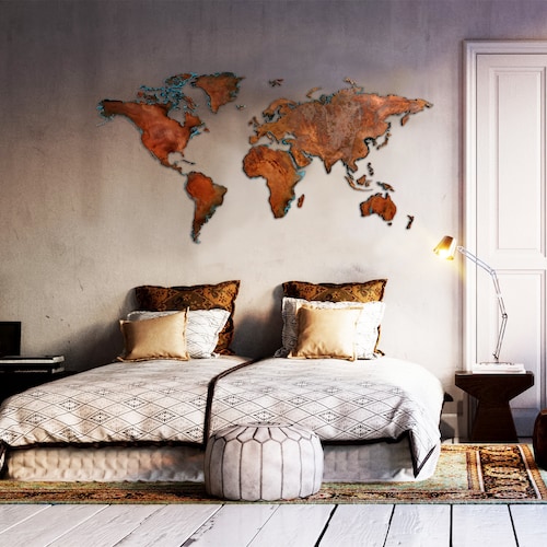 Metal World Map. Patinated Copper Wall Art. Large Copper Map. Etsy