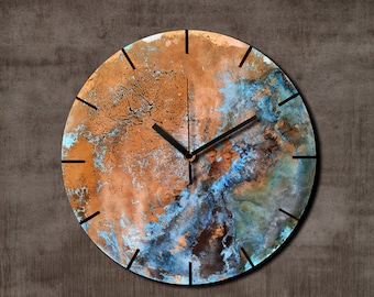 Round Copper Wall Clock, Industrial Copper Wall Clock, Wall Art Copper, Round Clock Patina Copper, Blue Patina Copper Wall Decor