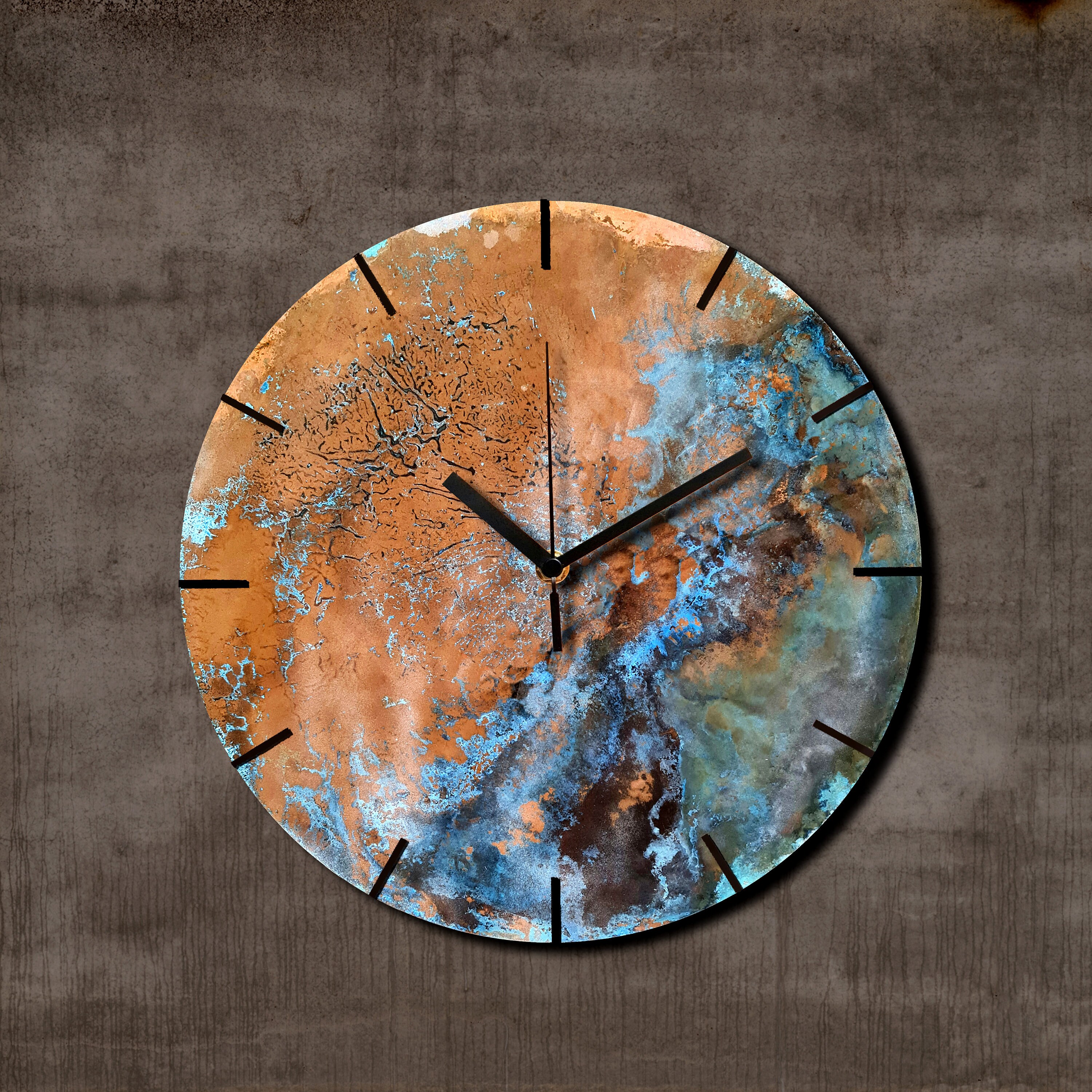 Horloge Murale Ronde En Cuivre, Horloge Industrielle Art Mural Cuivre Patiné, Décoration Patiné Bleue
