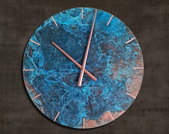 Wall Clock Blue Patina Copper  - Round Metal Wall Clock - Copper Wall Ornament - Patinated Copper Wall Decor - Handmade Clock, Rustic