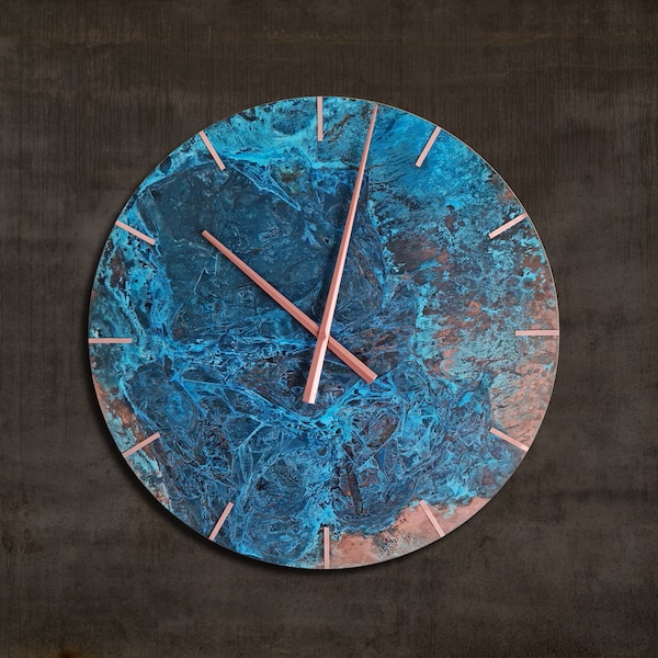 Wanduhr Blau Patina Kupfer - Runde Metall Wanduhr - Kupfer Wand Ornament - Patiniertes Kupfer Wanddekor - Handgemachte Uhr, Rustikal