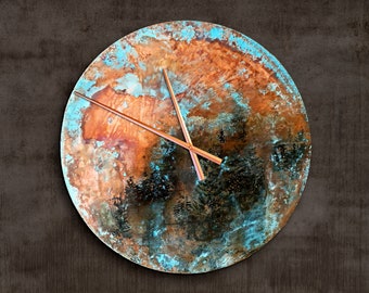 Kupfer Wanduhr Bäume – patinierte Kupfer Wandkunst – Wohndekor Kupfer – Kupfer handgefertigte Dekoration – große runde Uhr – Wanduhr Metall