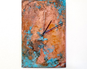 Artistic wall clock. Copper Clock Rectangular shape. Patina Copper wall art. Home decor. Metal wall decor. Modern wall clocks