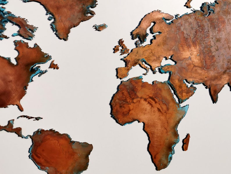 Metal World Map. Patinated Copper Wall Art. Large Copper Map. Etsy