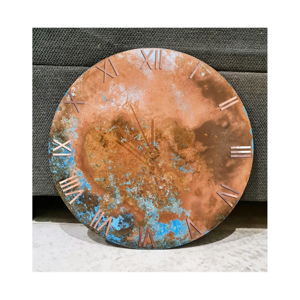 Round Copper Clock Roman Numerals, Small Wall Clock, Copper Handmade Wall Art, Artistic Wall Clock, Copper Patina, Round Clock, Home Decor