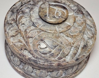 Hand Carved Round Soapstone Trinket or Pill Box - 3 inches - 260 grams