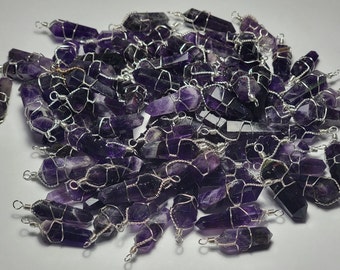 Genuine Amethyst crystal wire wrapped Pendant Lots of 6