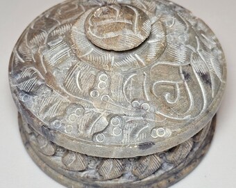 Hand Carved Round Soapstone Trinket or Pill Box - 3 inches - 245 grams
