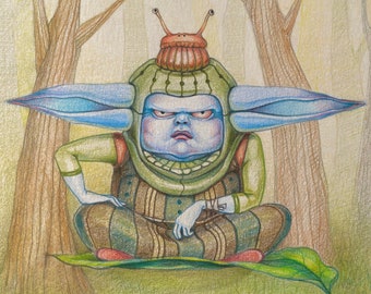 Grumpy Forest Spirit Original Zeichnung Buntstifte 15x15 cm
