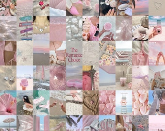 80 PCS | Summer Aesthetic Wall Collage Kit | Soft Pink Beach Wall Collage | Pink Coconut Girl Photo Collage Kit | Pink Wall Collage Kit