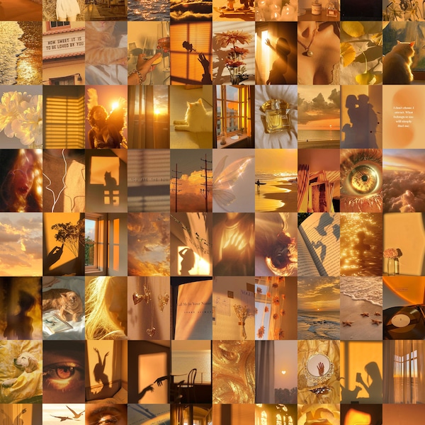 80 PCS | Golden Hour Aesthetic Wall Collage | Golden Wall Collage Prints | Orange Photo Collage Kit | Yellow Vintage Aesthetic Photo Prints