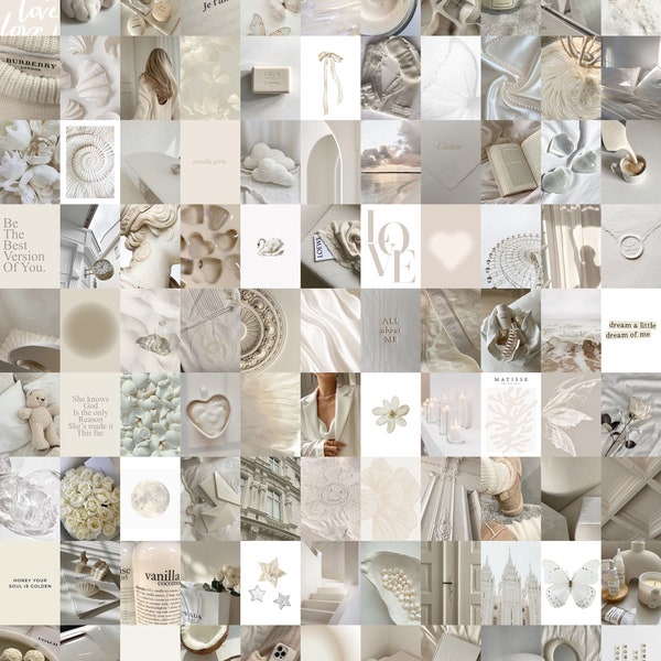 100 PCS | Vanilla Girl Aesthetic Photo Collage | Light Beige Wall Collage Kit | White Aesthetic Wall Photo Collage | Neutral Photo Prints