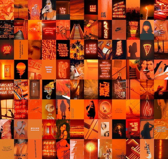 100 Pcs Orange Wall Collage Kit Neon Orange Aesthetic Etsy