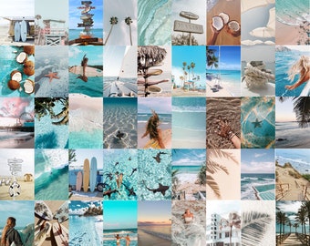 60 PCS | Beachy Wall Collage Kit | Summer Aesthetic Photo Collage | Tropical Beach Wall Prints | Blue Beach Summer Vibe Wall Collage Prints