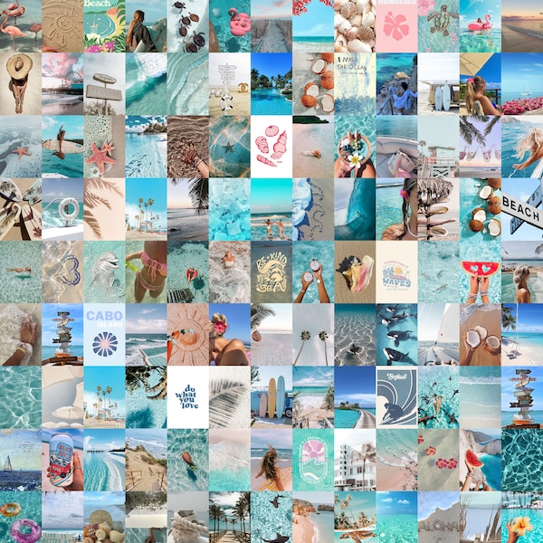 120 PCS | Kit de collage mural esthétique d'été | Collage de photos Summer Beach Vibes | Décoration murale de plage tropicale bohème bleue | Collage mural estival