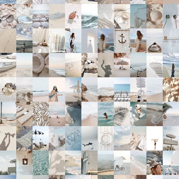 100 PCS / Kit de collage de pared de playa beige / Collage de fotos estéticas de verano / Decoración de la habitación de imágenes playeras claras / Collage de pared de verano azul suave