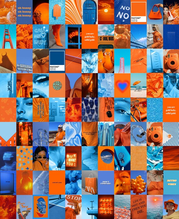 100 PCS Orange Blue Wall Collage Kit Orange Aesthetic Photo ...