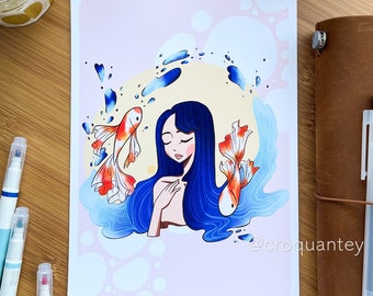 Koi Postcard Art Print - Digital Illustration Print - Cute Art Print