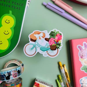 かわいい春の花屋自転車ビニールステッカー - 光沢のある防水ビニール - かわいいイラストプリントステッカー