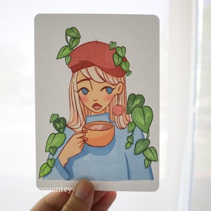 コーヒーのかわいいポストカードアートプリント - ガッシュ絵画プリント - かわいいイラストのポストカードプリント
