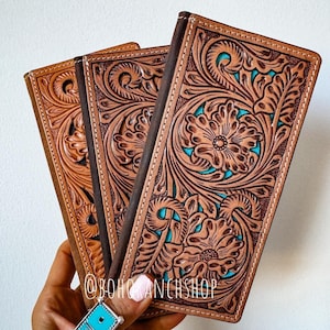 CARTERA DE CUERO PLEGABLE Cuero genuino repujado / Repujado Western para hombre y mujer Cartera larga Chequera / idea de regalo