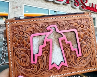 THUNDERBIRD LONGHORN KEYCHAIN tan wallet | Genuine hair on freebird Cowhide Keychain Credit Card cash Holder Coin Pouch Gifts For Her Him