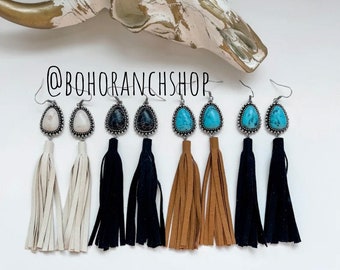 TASSEL FRINGE EARRINGS suede - Teardrop stone - Western - party earrings - statement earrings -