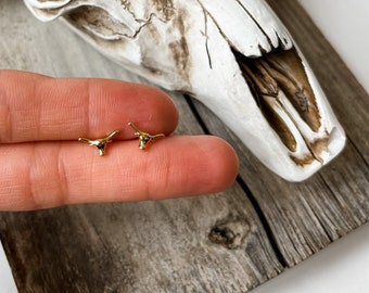 TINY LONGHORN EARRINGS  | 14K gold or silver dipped mini | Southwestern Jewelry Western punchy howdy longhorn bull steer nashville trip