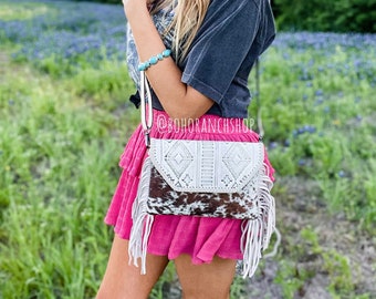 THE LOLA - CROSSBODY Western Tooled Leather Cowhide clutch crossbody | hair on hide fur purse Crossbody Messenger Fringe cowhide Bag