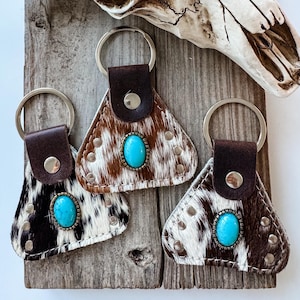 COWHIDE STUDDED KEYCHAIN western leather hair on cowhide keychain | key chain  llavero punchy - turquoises colored stone stocking stuffer