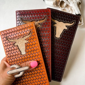 Genuino cuero con herramientas Bi-Fold Wallet / Longhorn / Herramientas Western Man's Men's Long Wallet Checkbook / ENVÍO GRATIS / idea de regalo