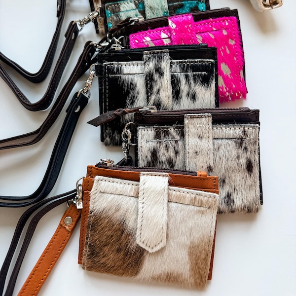 COWHIDE WRISTLET WALLET | Genuine hair on Credit Card Holder Change Coin Pouch cash| gift idea