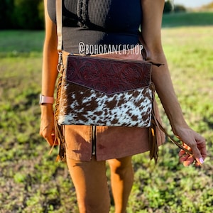 THE MORGAN - COWHIDE conceal carry western Cowhide Crossbody purse | genuine leather and cowhide | Messenger Purse Bag punchy howdy