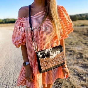 LEATHER FLAP CROSSBODY Western Purse Cowhide Tooled Leather flap clutch crossbody | floral hand tooled | Crossbody Messenger Purse Bag