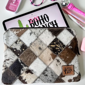 SAC POUR ORDINATEUR PORTABLE | pochette technique western en cuir de vachette véritable hairon housse de travail, sac messager iPad tablette |  petite moyenne grande