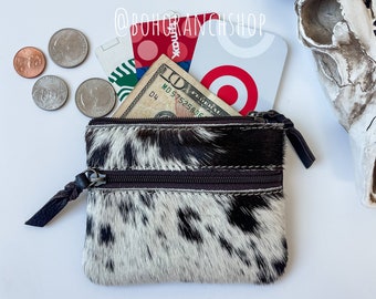 COWHIDE COIN ZIPPERED pouch | Genuine hair on Cowhide Change Coin Pouch | Credit Card cash Pouch Bag Holder - gift idea | Gifts For Her Him