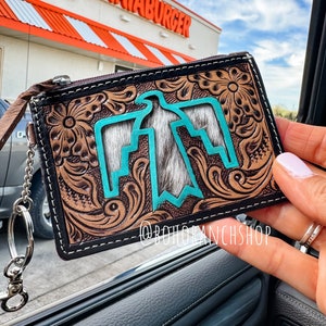 LLAVERO THUNDERBIRD LONGHORN, billetera marrón / Llavero de piel de vaca con pelo genuino de pájaro libre, tarjetero, monedero, regalos para ella y él