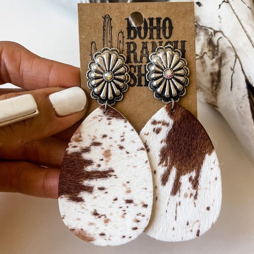 COWHIDE TEARDROP CONCH Earrings Genuine Leather Cowhide Fur Etsy